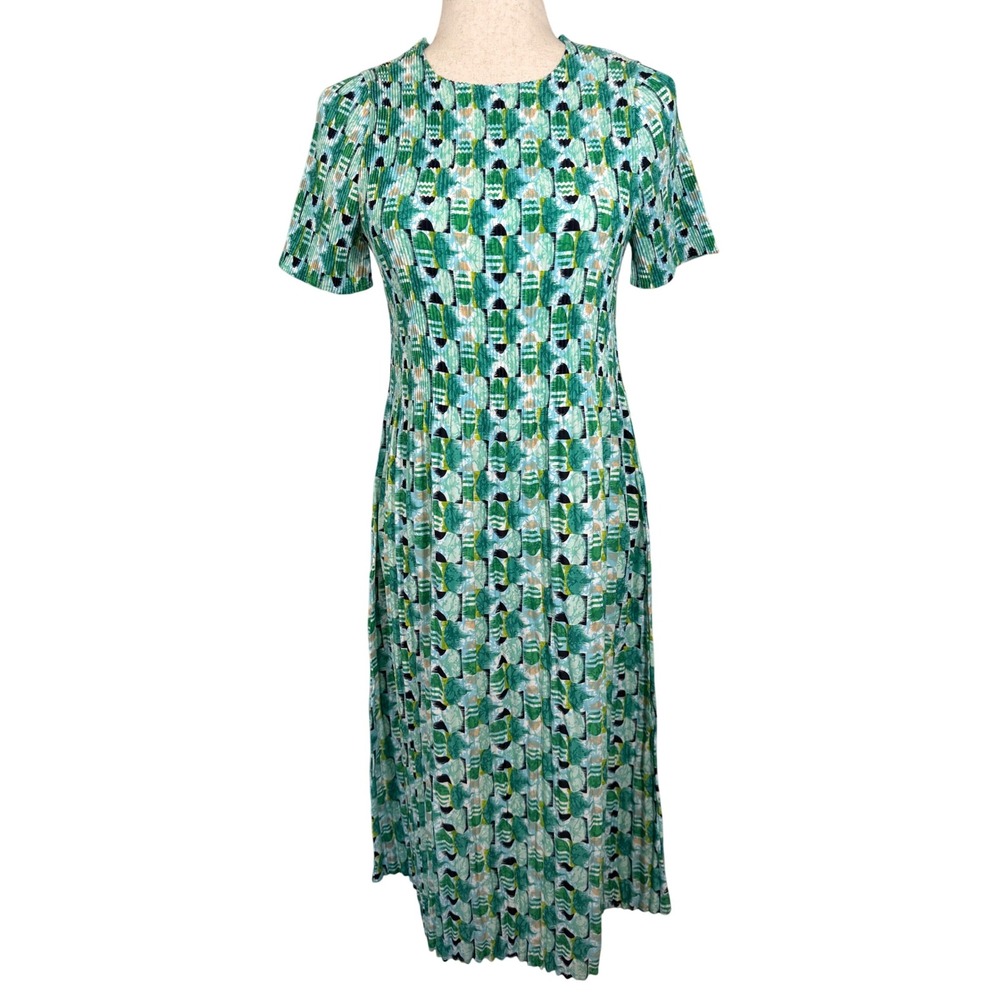 Kindred Anthropologie Green Print Pleated Midi Dress Short‎ Sleeve Size M Modest